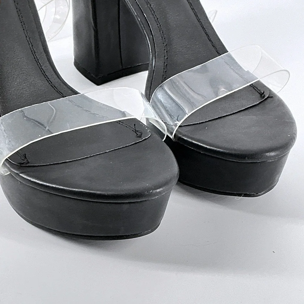 CHASE AND CHLOE Size 8.5 Black Clear Strap Platform Chunky‎ Heel Hela Sandals